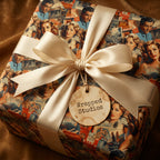 Vintage Hollywood collage wrapping paper with ivory satin ribbon bow.