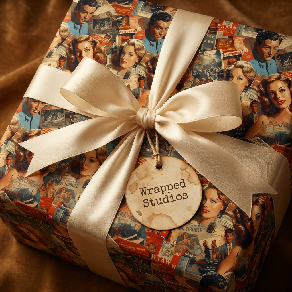 Vintage Hollywood collage wrapping paper with ivory satin ribbon bow.