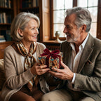 Mature couple exchanging a present wrapped in vintage-style paper with a red velvet bow, inside a home.