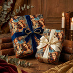 Retro-themed wrapping paper with classic film star pattern and velvet ribbon bows.