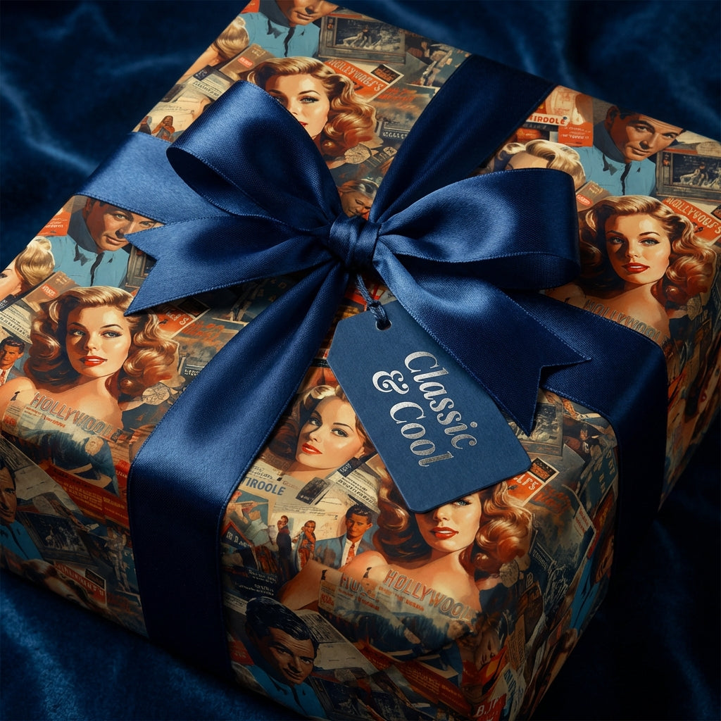 Gift wrapped in a luxury paper featuring a vintage Hollywood design with a navy satin bow.