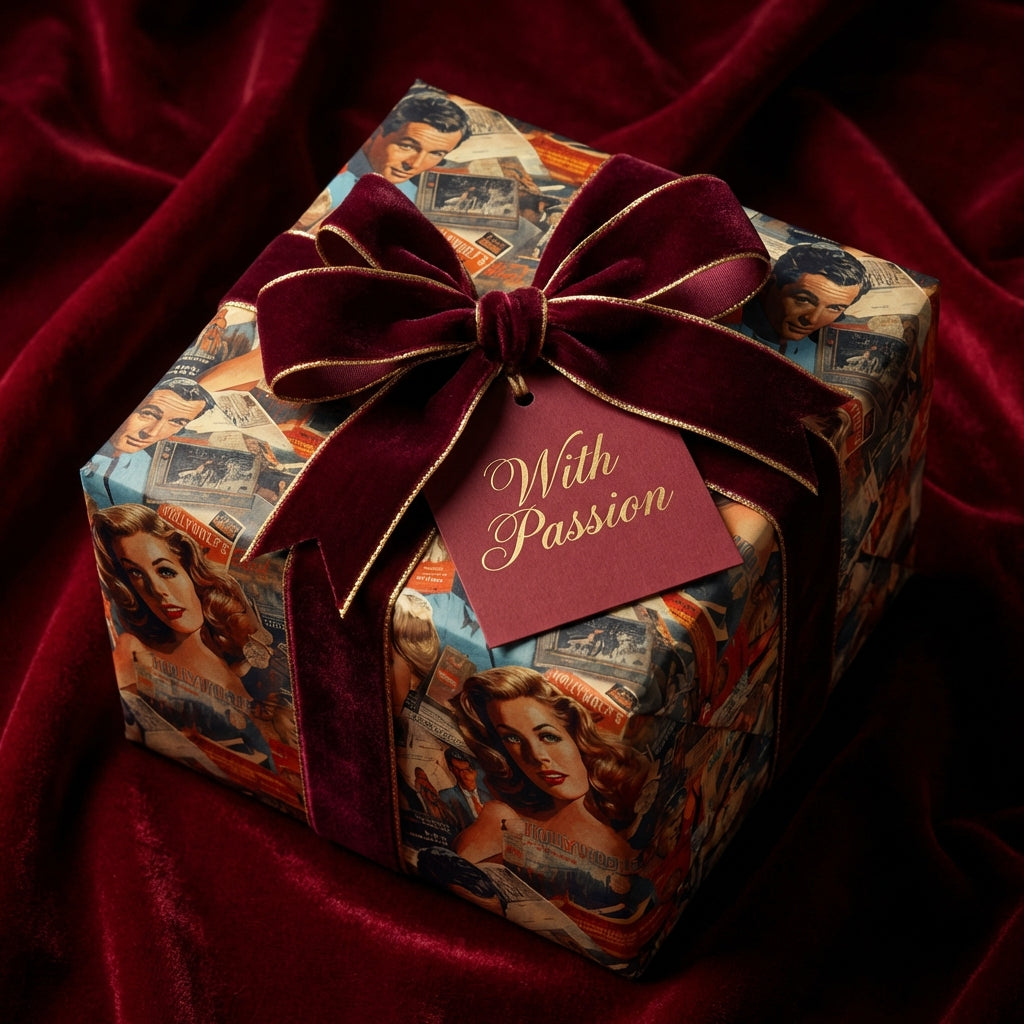 Retro gift wrapped in classic Hollywood star wrapping paper with a burgundy velvet ribbon.