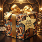 Vintage-style birthday wrapping paper with a gold ribbon, a "Happy Birthday, Star!" tag, and an elegant Hollywood theme.