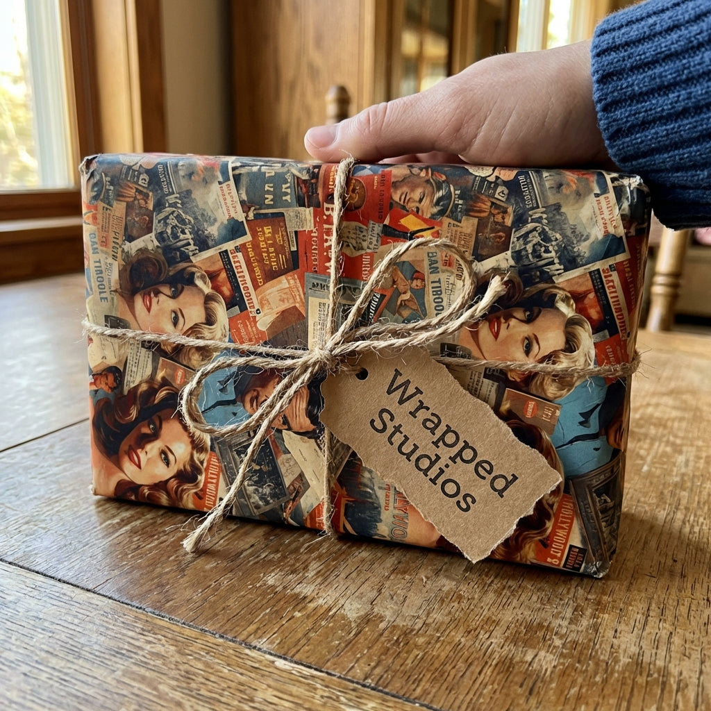 Rectangular gift wrapped in vintage-style wrapping paper featuring movie stars and tied with rustic twine.
