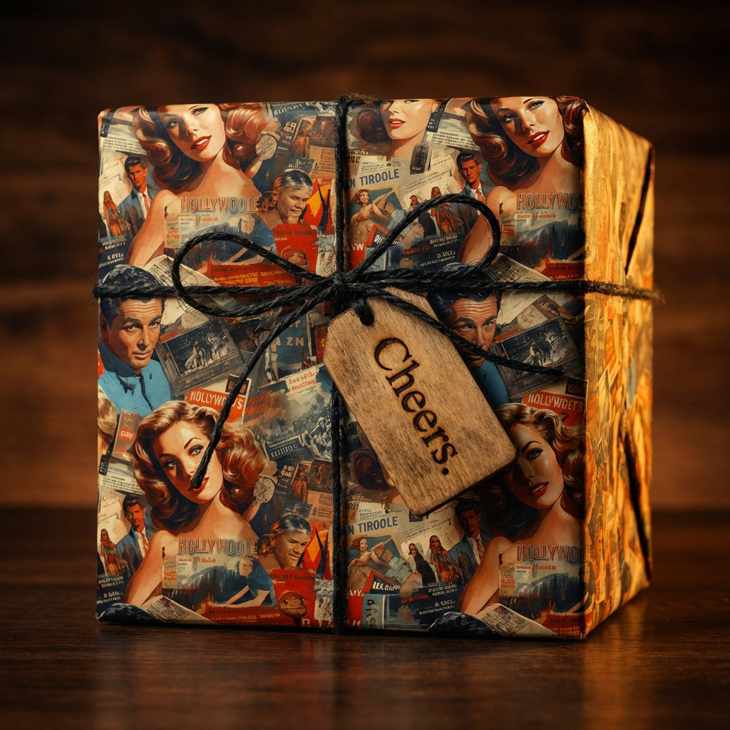 Retro movie star gift wrap on a square present tied with black string and a "Cheers" tag.