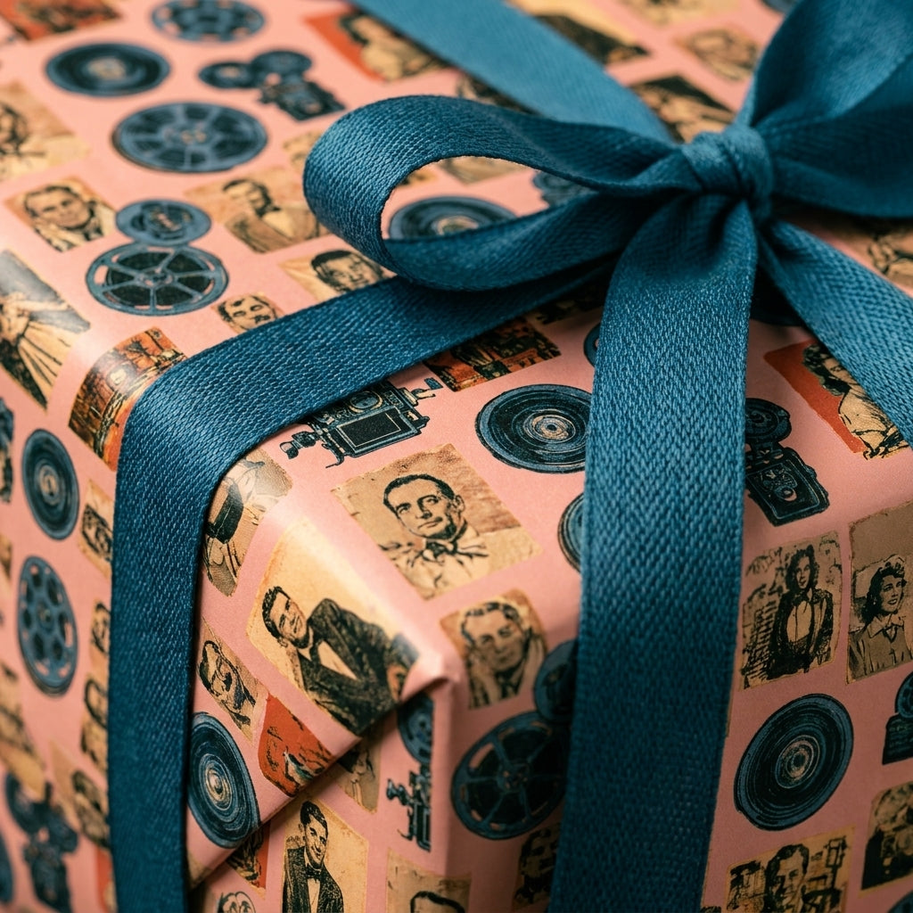 Pink retro movie wrapping paper with classic Hollywood prints and teal ribbon from Wrapped Studios.