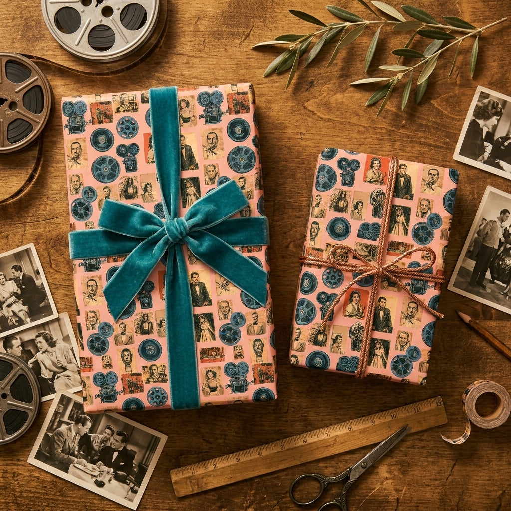 Retro cinema gift wrap with teal velvet ribbon on a wooden table. Vintage wrapping paper by Wrapped Studios.