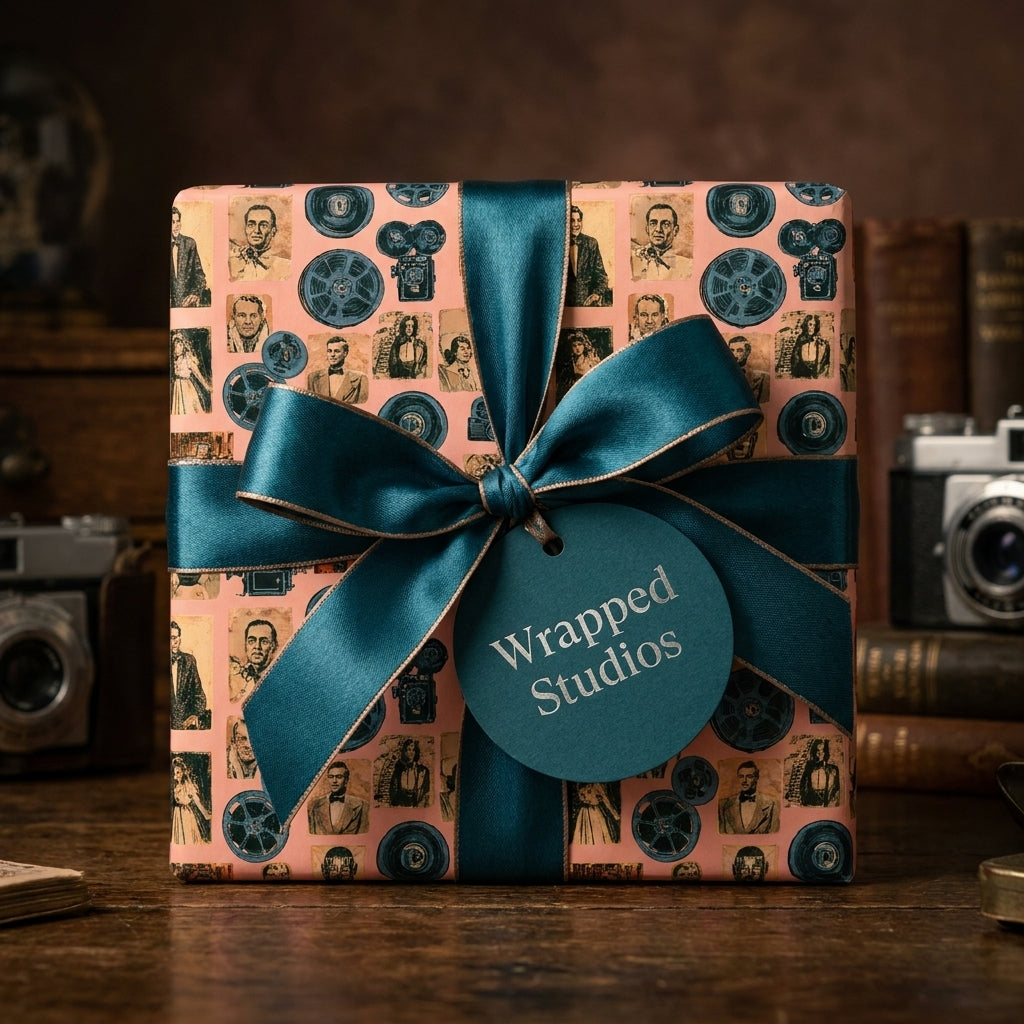 Vintage cinema wrapping paper by Wrapped Studios featuring retro movie prints and a luxury teal bow.