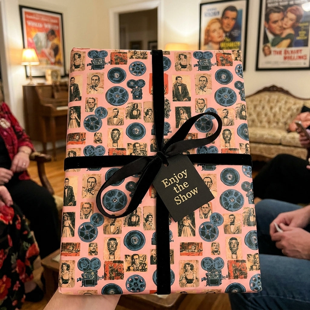 Retro movie wrapping paper with black velvet ribbon and "Enjoy the Show" tag by Wrapped Studios.