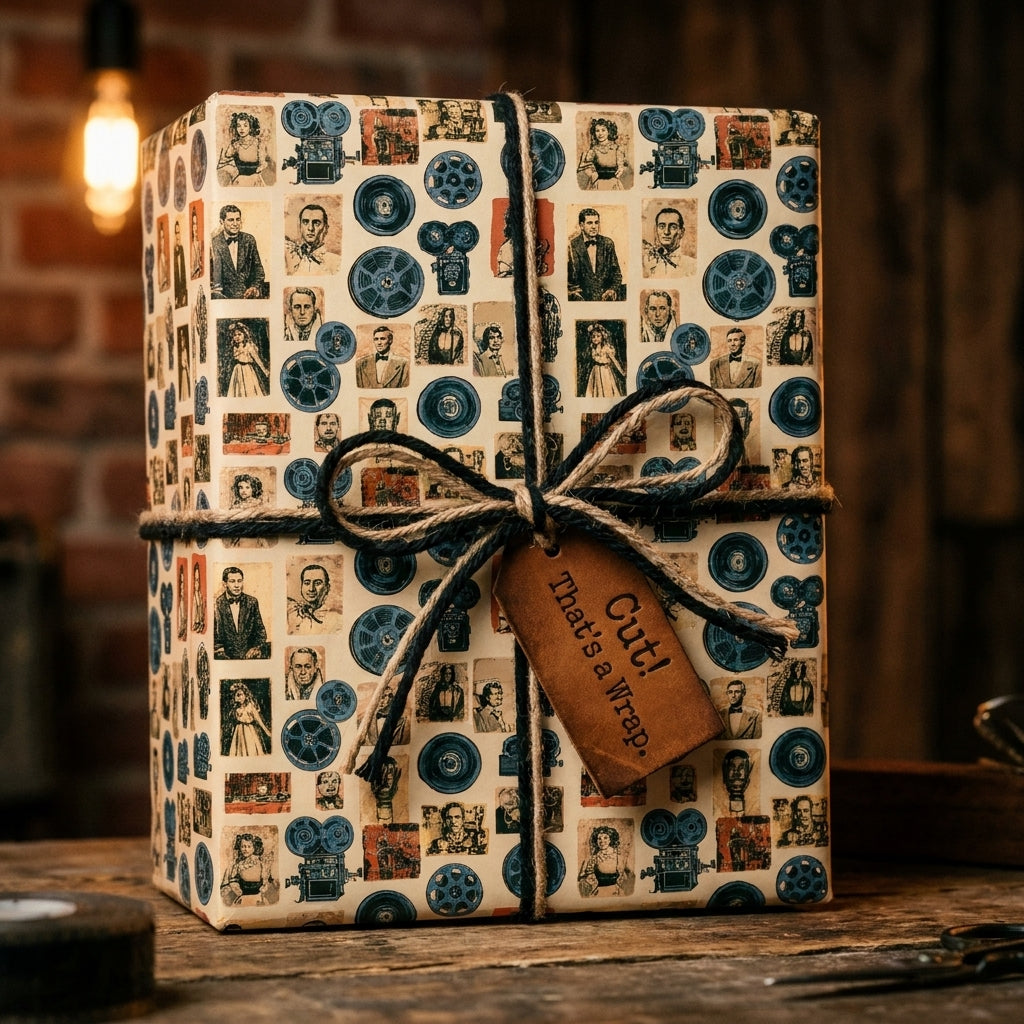 Vintage movie wrapping paper by Wrapped Studios on a gift box with twine and a 'Cut! That's a wrap' tag.