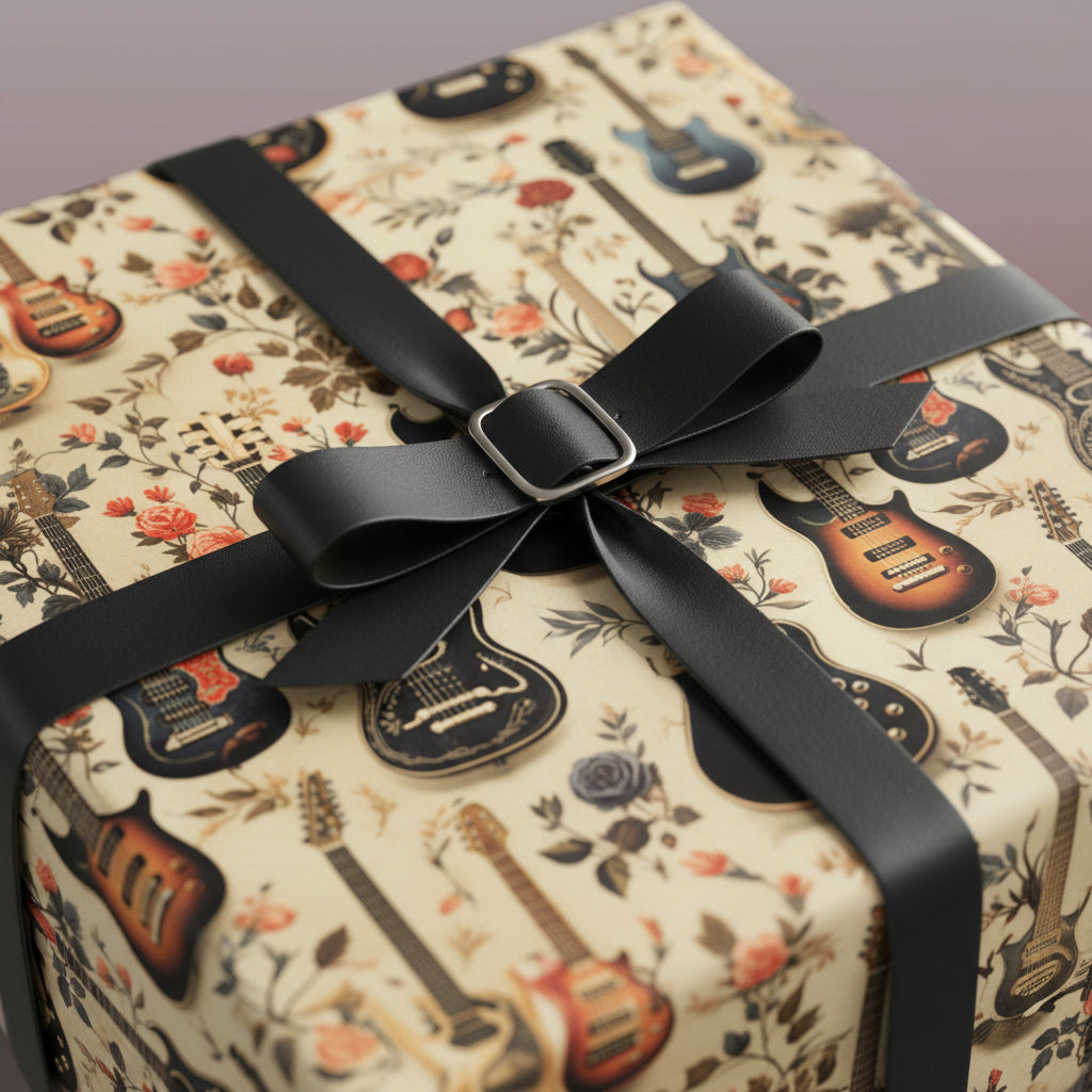 Guitar-themed wrapping paper with floral accents and a black ribbon.