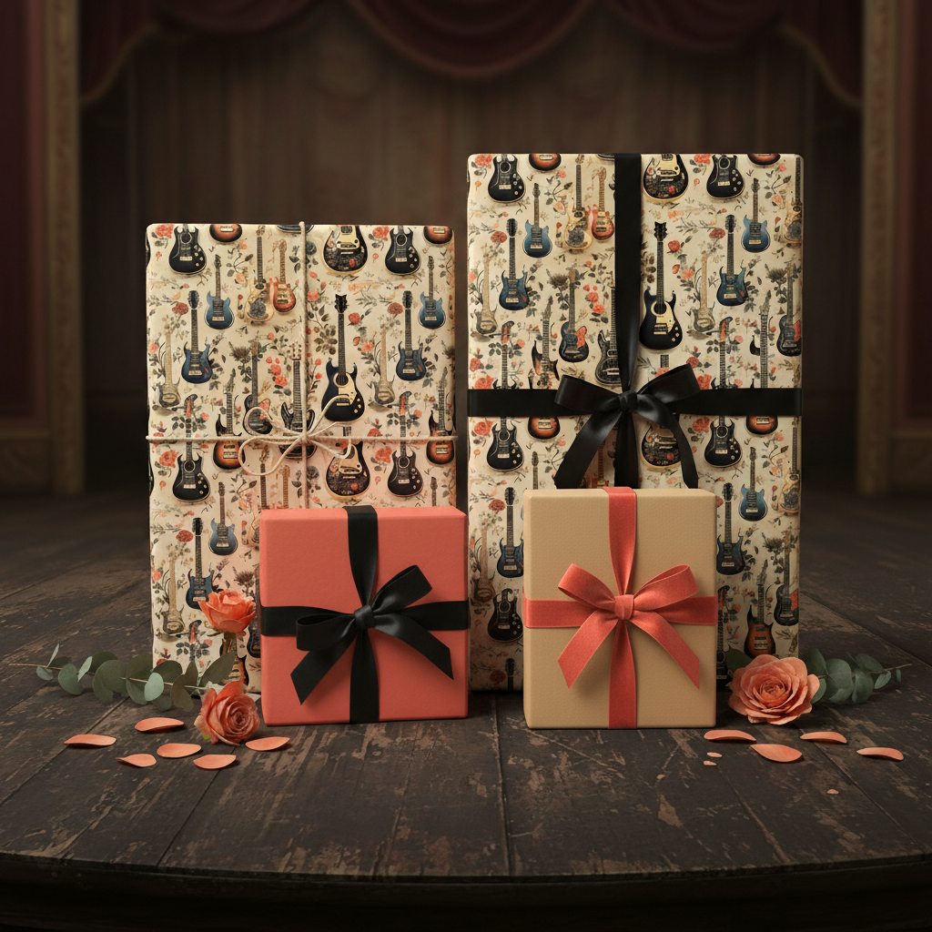 Gifts wrapped in guitar floral wrapping paper with ribbons, roses, and petals, against a wooden stage backdrop.