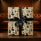 Square gift wrapped in guitar-themed birthday wrapping paper with a black ribbon and a tag that says "Rock On!".
