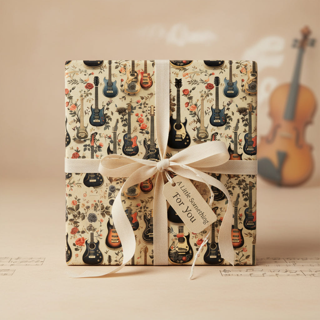 Gift wrapped in floral guitar pattern wrapping paper with cream ribbon and tag.