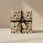 Gift wrapped in guitar and floral wrapping paper, finished with black ribbon.