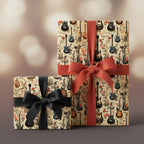Gifts in guitar & floral wrapping paper with black and copper ribbon bows.