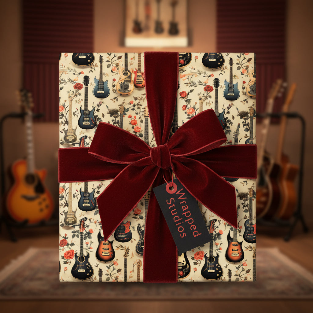 Guitar-themed wrapping paper featuring floral accents and a burgundy velvet ribbon bow.