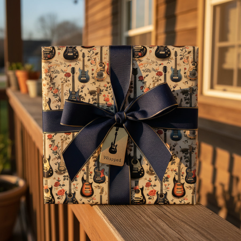 Gift wrapped in guitar-themed wrapping paper with navy blue ribbon, perfect for a music lover's birthday.