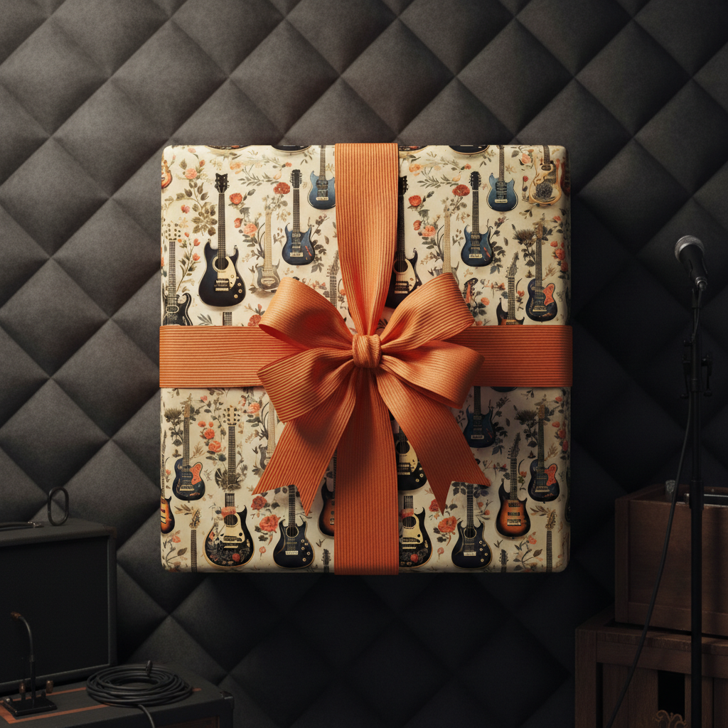 Unique guitar-themed gift wrap with orange ribbon, perfect for the music lover's birthday.