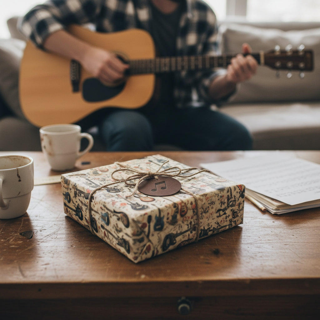 Music themed birthday gift wrapped in patterned paper with twine and a musical note tag, guitarist in background.