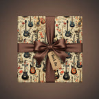 Gift wrapped in floral vintage guitar wrapping paper, tied with a brown satin ribbon.