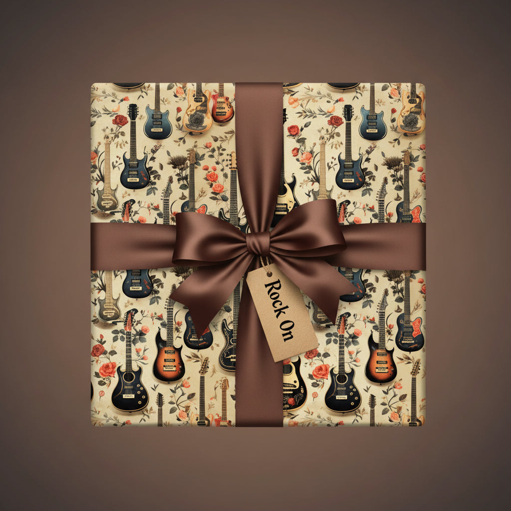 Gift wrapped in floral vintage guitar wrapping paper, tied with a brown satin ribbon.