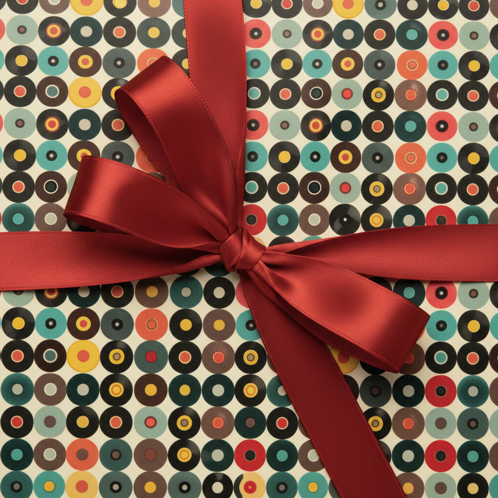 Retro birthday wrapping paper with colorful circle pattern and red satin ribbon bow.