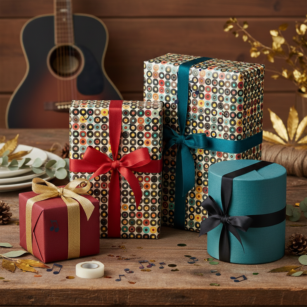 Gifts wrapped in modern, musical-themed paper with colorful ribbons on a rustic wood table.