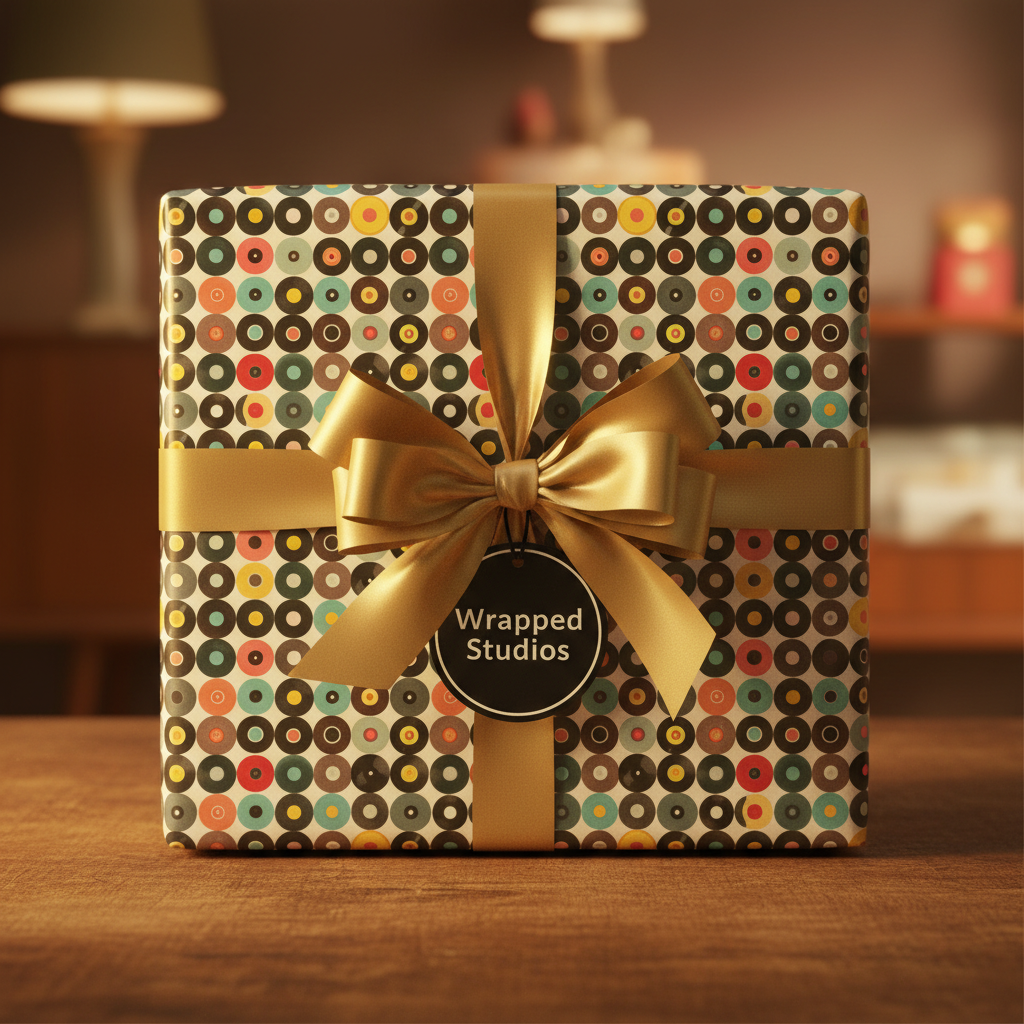 Retro circles pattern wrapping paper with gold ribbon bow, perfect for birthday gift wrap.