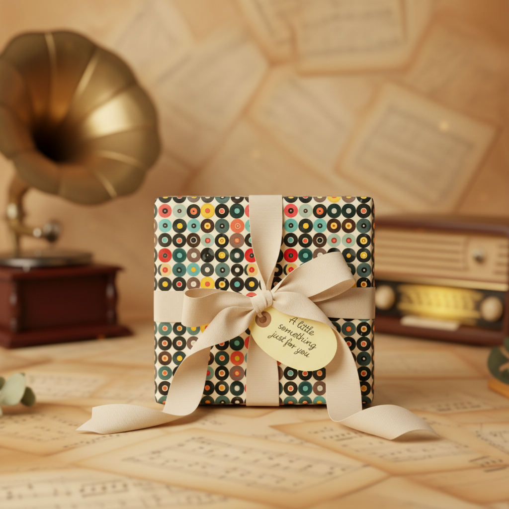 Retro circle pattern wrapping paper on gift box with cream ribbon and vintage radio, phonograph in background.
