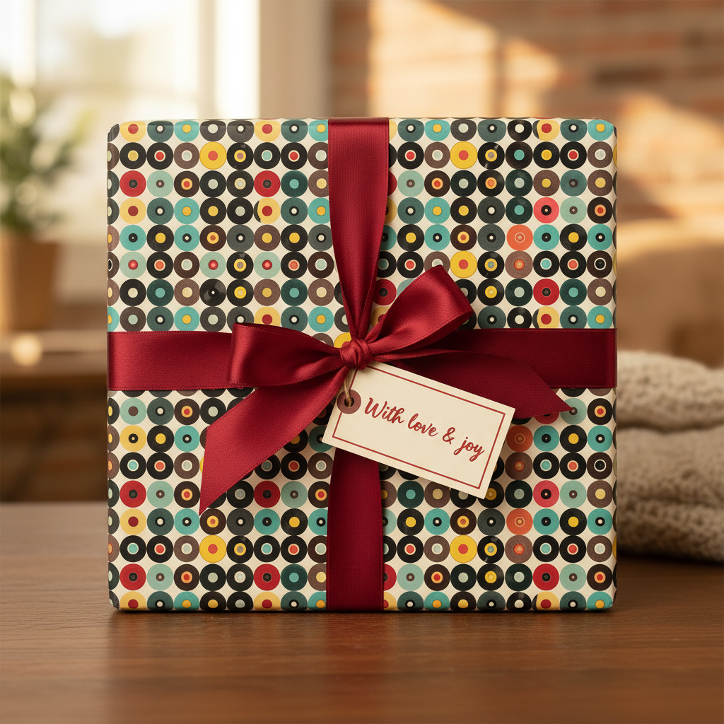 Retro-style gift wrapped in circle-patterned birthday wrapping paper with burgundy ribbon and "With love & joy" tag.