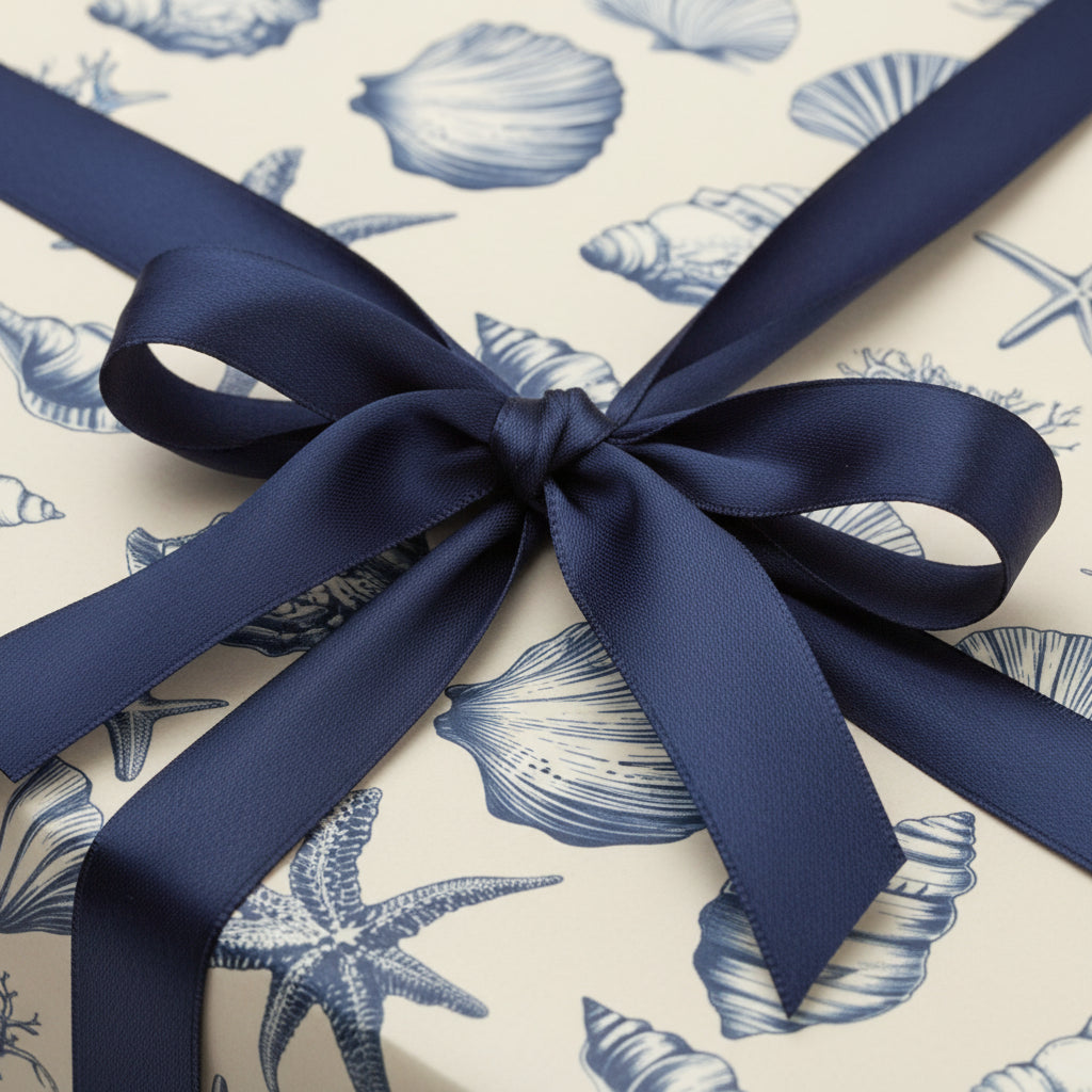 Elegant gift box with blue seashell wrapping paper and a navy satin ribbon bow.
