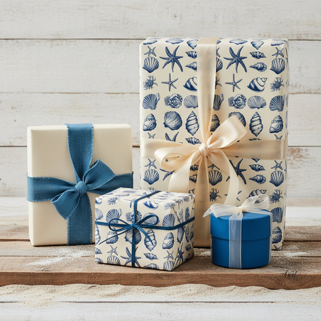 Gifts wrapped in elegant nautical wrapping paper with a blue seashell pattern and coordinating ribbons.
