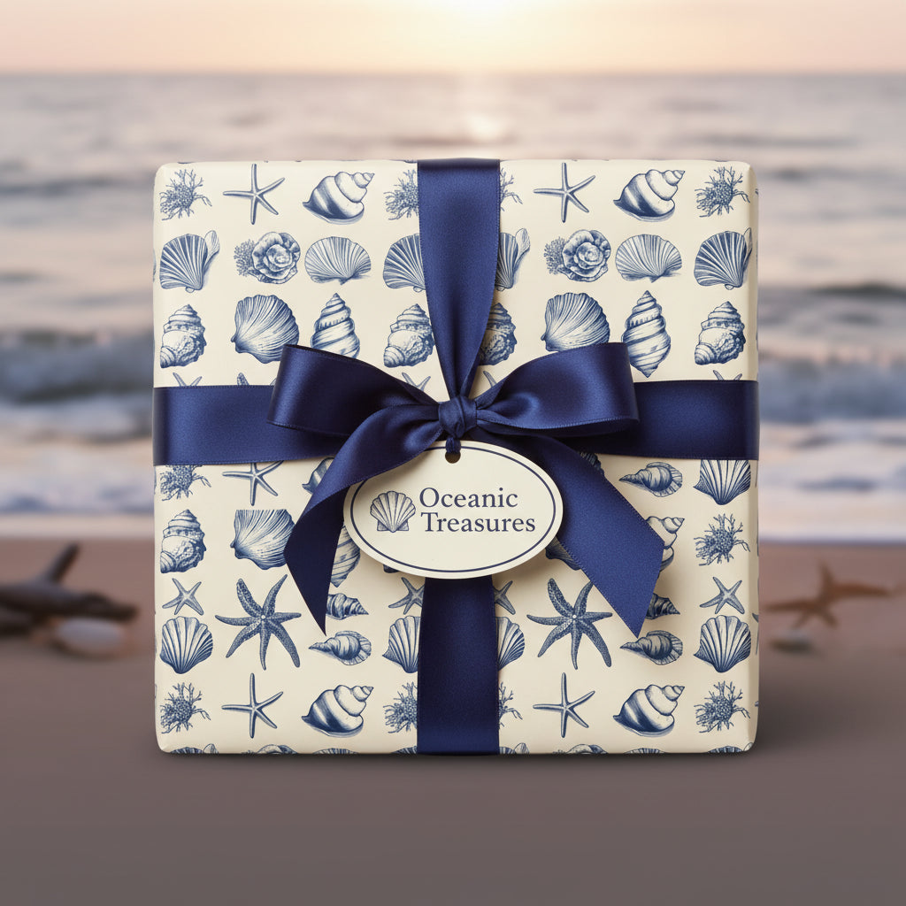 Elegant gift box wrapped in oceanic themed wrapping paper with a blue ribbon and a gift tag that reads "Oceanic Treasures".