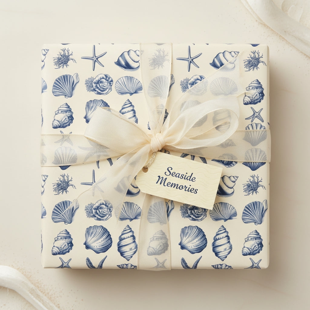 Square gift wrapped in nautical-themed paper with blue seashells and a cream ribbon.