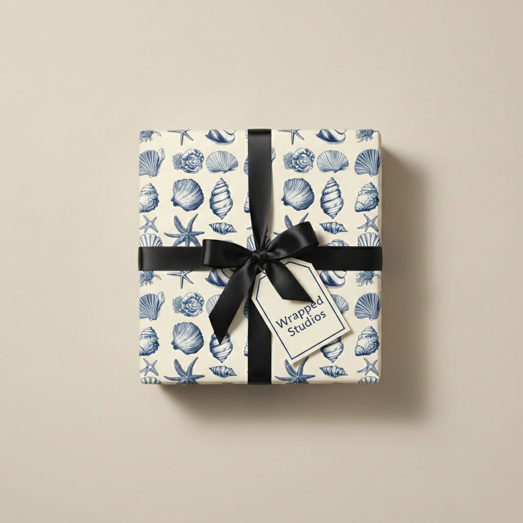 Gift box wrapped in cream & blue seashell wrapping paper, tied with a black satin ribbon.