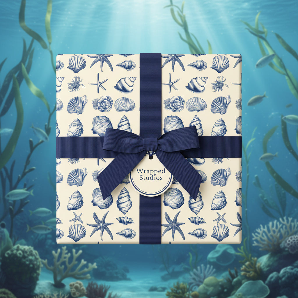 Elegant gift wrapped in nautical themed wrapping paper with dark blue ribbon and bow, against an underwater scene.