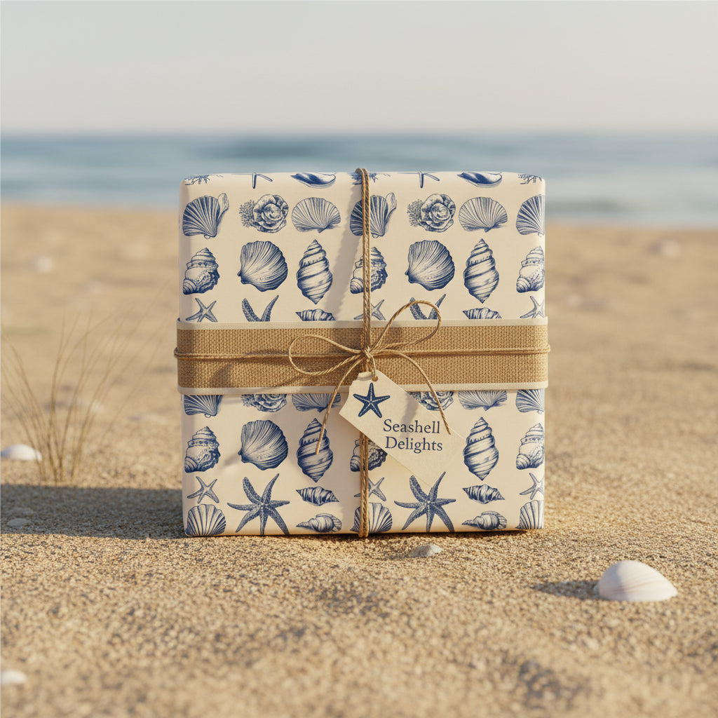 Elegant gift wrapped in blue seashell wrapping paper with rustic burlap ribbon, set on a sandy beach.
