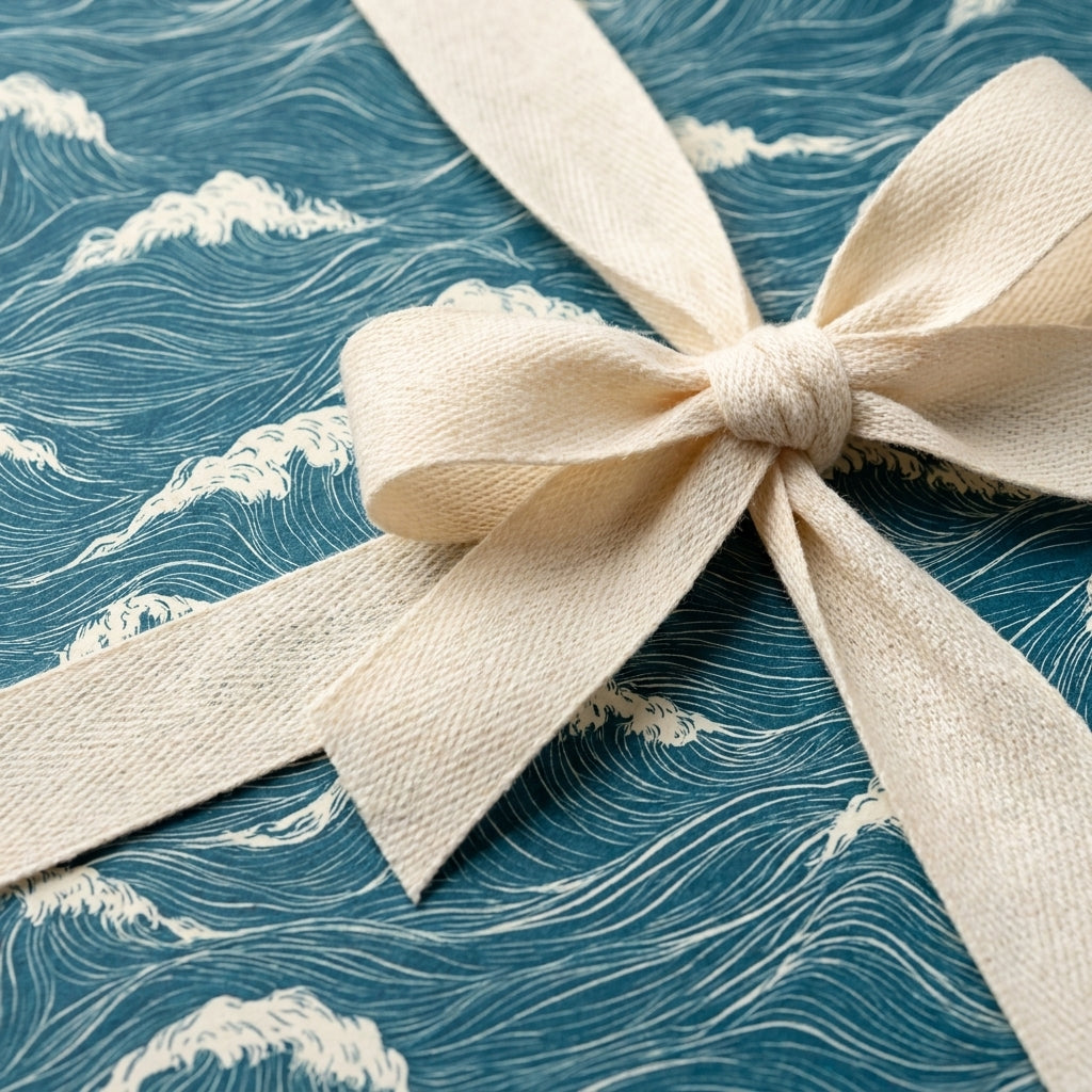 Ocean wave wrapping paper with a cream cotton ribbon bow, luxury coastal gift wrap by Wrapped Studios.