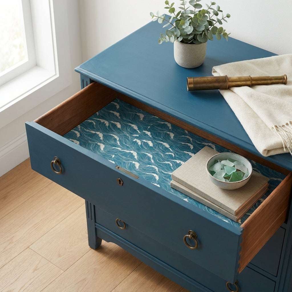 Blue ocean wave wrapping paper used as a dresser drawer liner by Wrapped Studios.