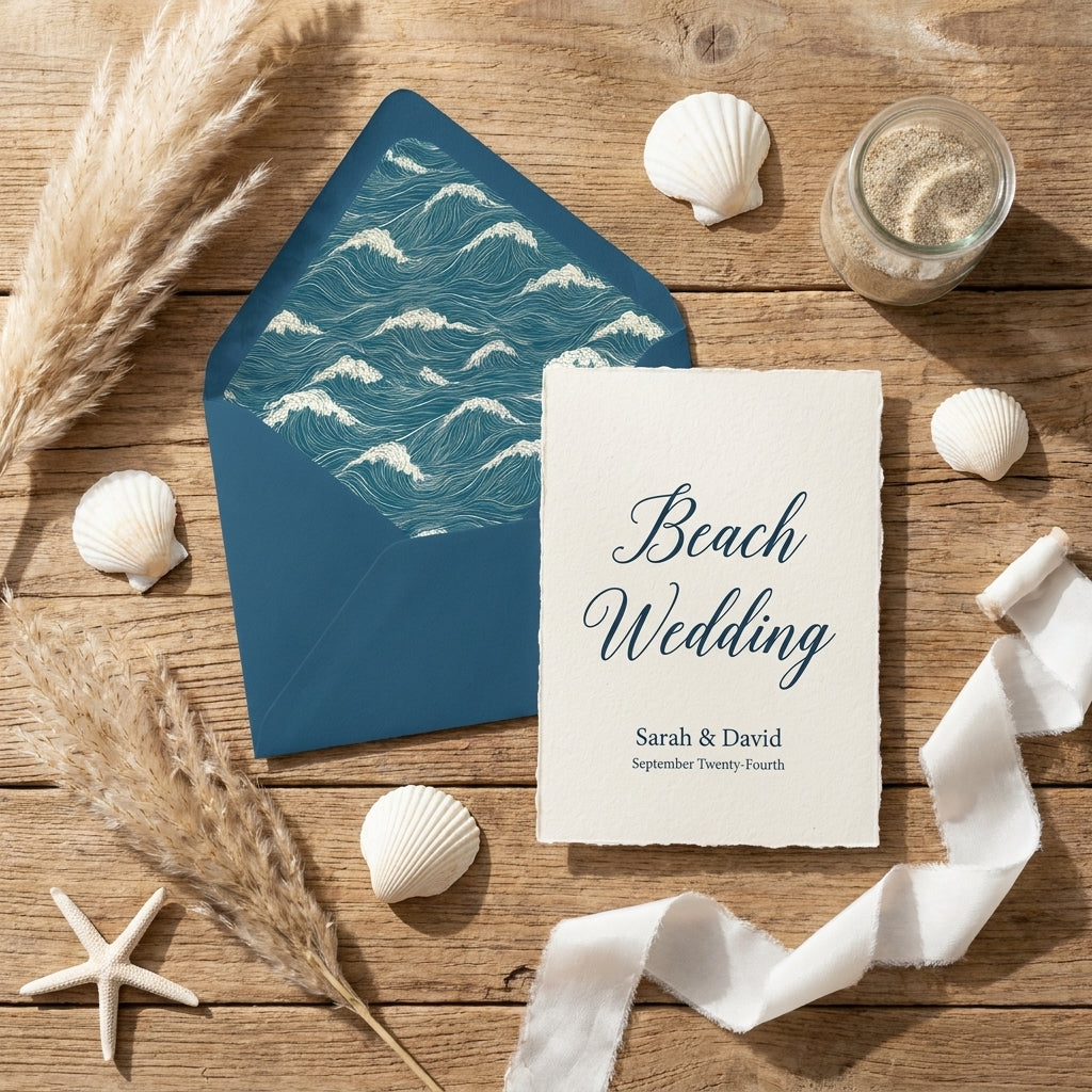 Coastal beach wedding invitation with blue ocean wave envelope liner on rustic wood by Wrapped Studios.