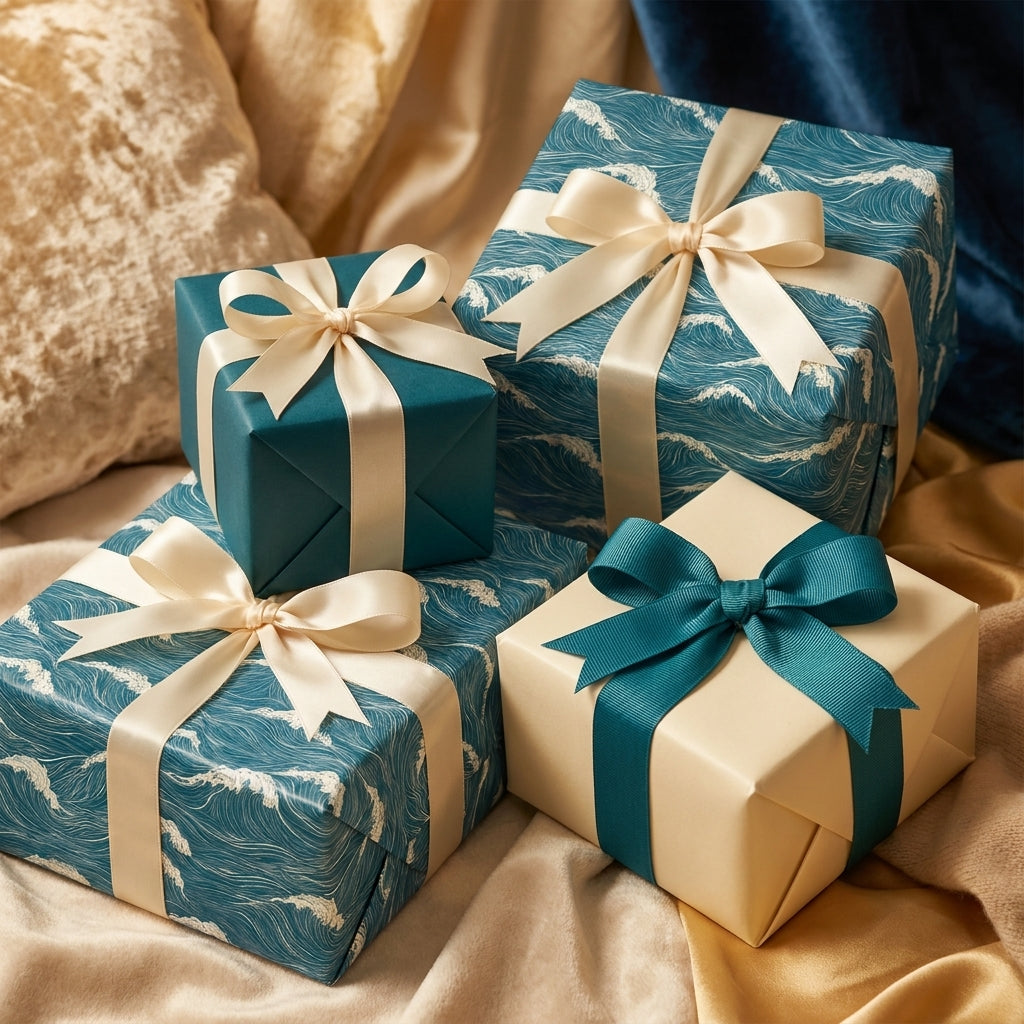 Elegant teal ocean wave wrapping paper and cream gift boxes with satin bows by Wrapped Studios.