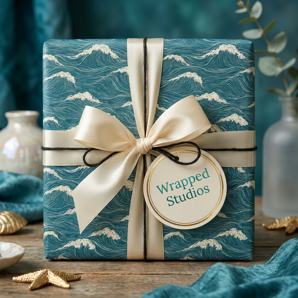 Luxury teal ocean wave wrapping paper with a cream satin ribbon bow and Wrapped Studios gift tag.
