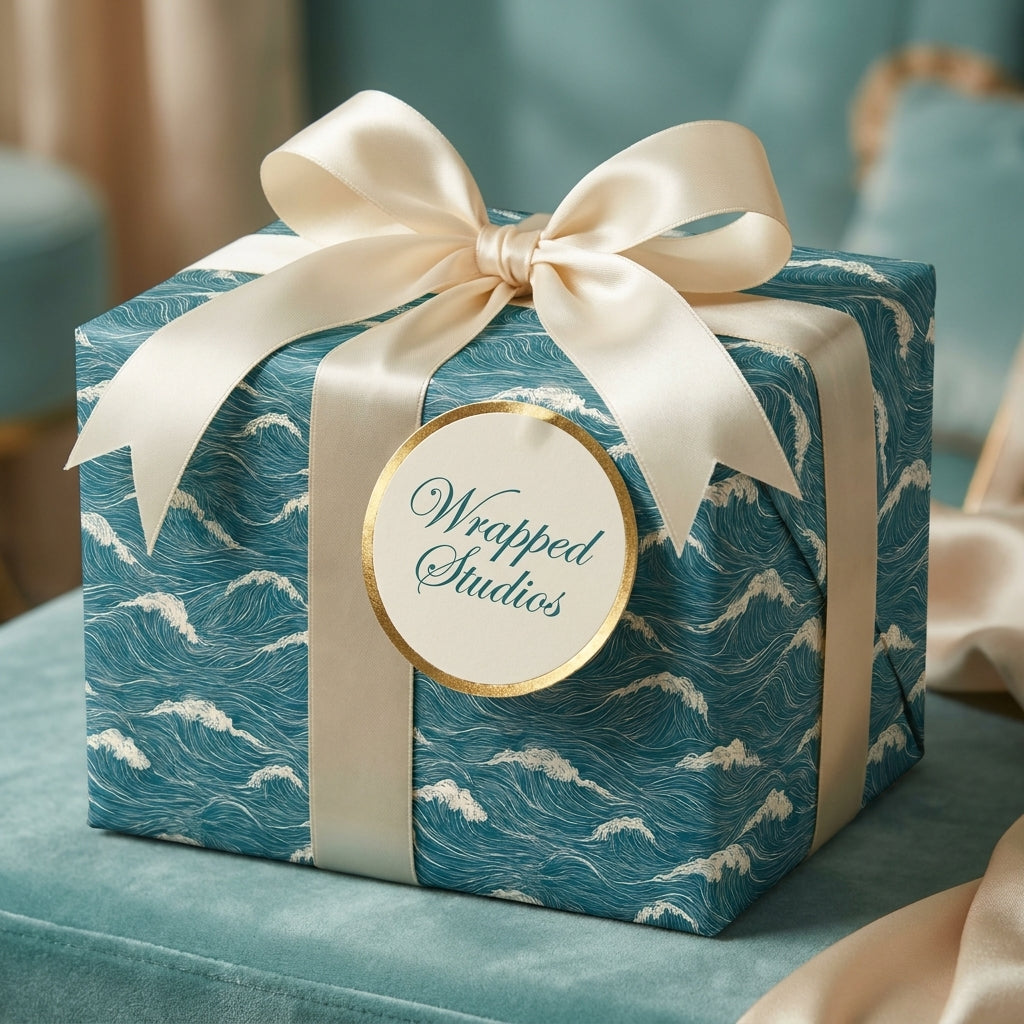 Luxury ocean wave wrapping paper on a gift box with a cream satin bow by Wrapped Studios.
