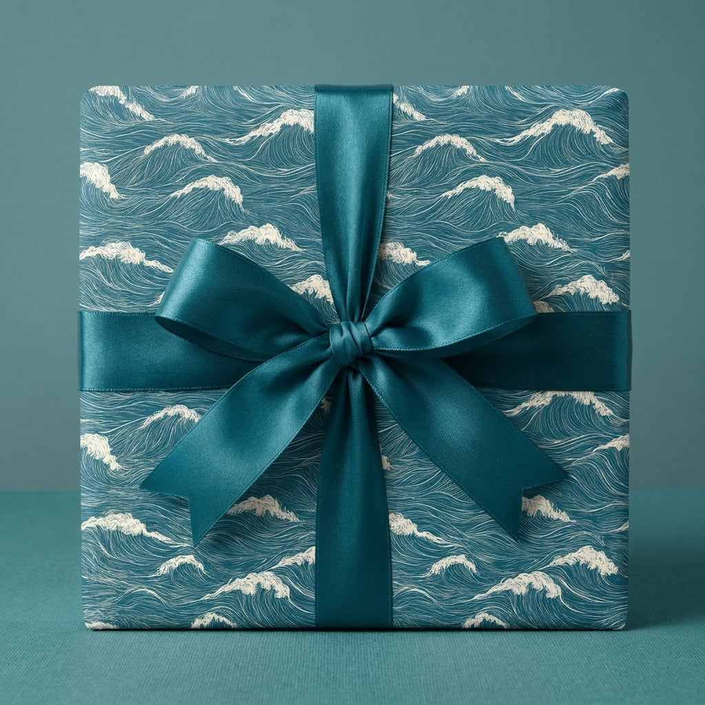 Teal ocean wave wrapping paper on a square gift box with a satin bow by Wrapped Studios.