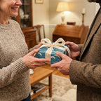 Couple exchanging a gift in blue ocean wave luxury wrapping paper by Wrapped Studios.