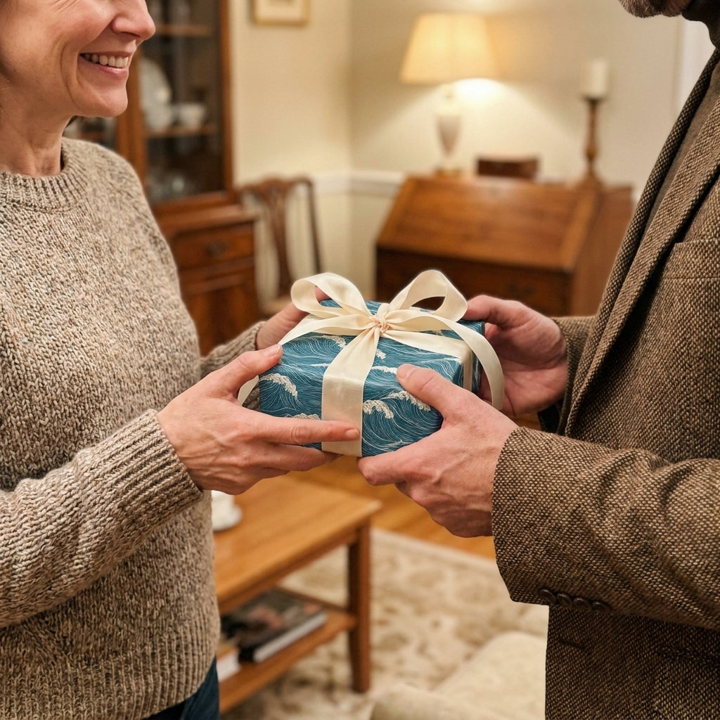 Couple exchanging a gift in blue ocean wave luxury wrapping paper by Wrapped Studios.
