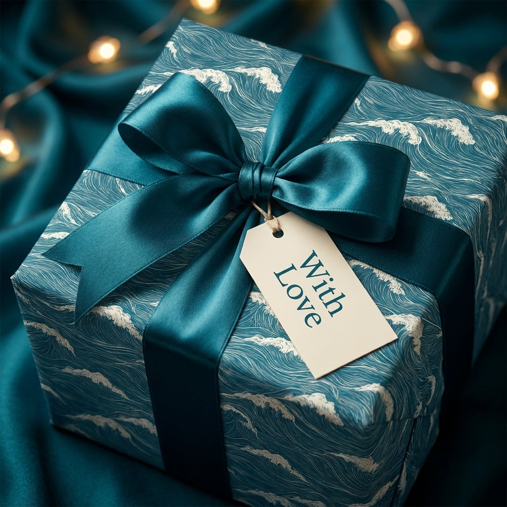 Teal ocean wave luxury gift wrap with satin bow and "With Love" tag by Wrapped Studios.