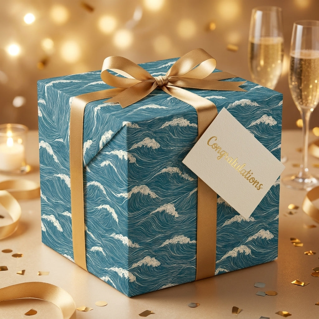 Luxury blue ocean wave wrapping paper with a gold bow on a wedding gift by Wrapped Studios.