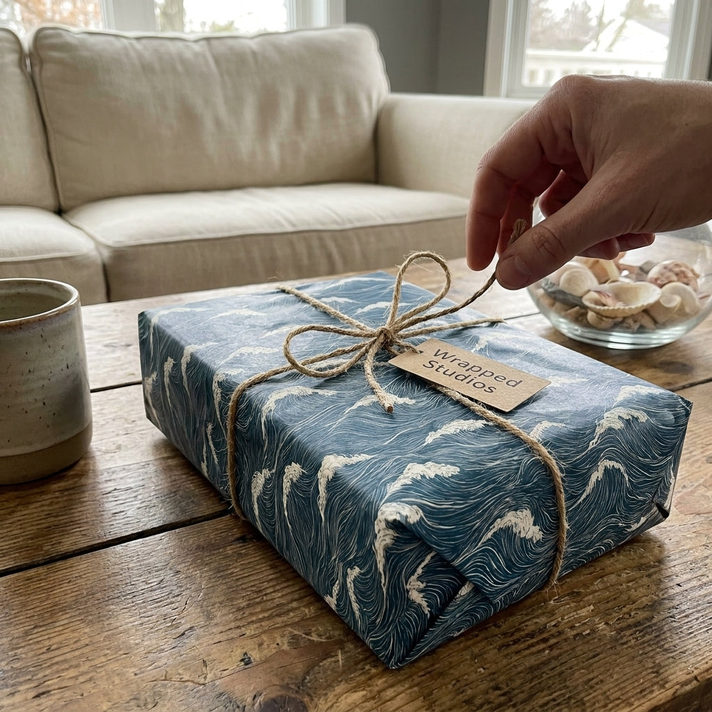 Coastal ocean waves wrapping paper on a gift box with twine by Wrapped Studios.